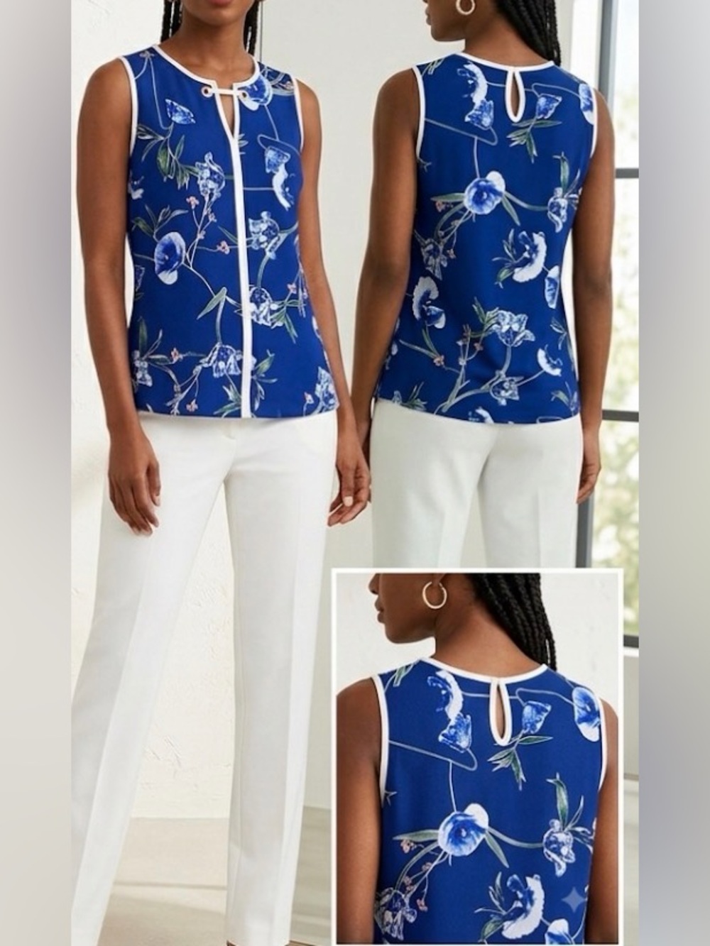 Macy's Blue Floral Sleeveless Blouse